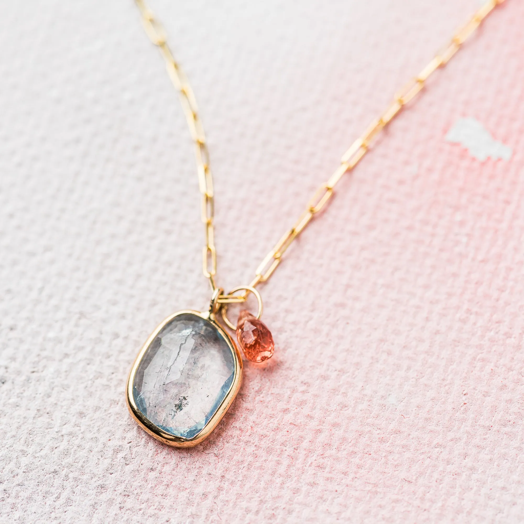 Aquamarine Freeform Necklace with Pink Spinel