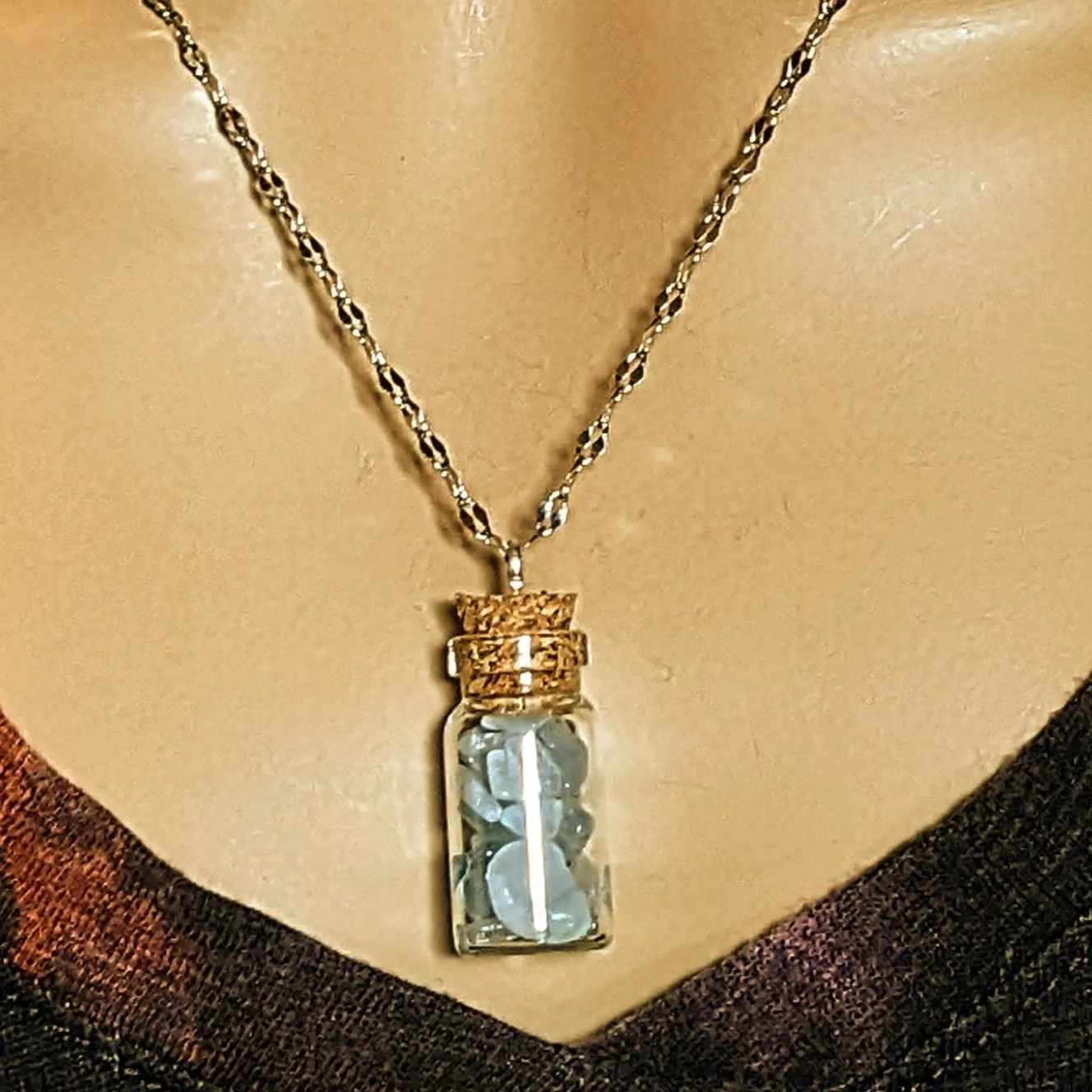 Aquamarine Gemstone Pisces Bottle Necklace, 20 or 24 inch, Silver/Gold