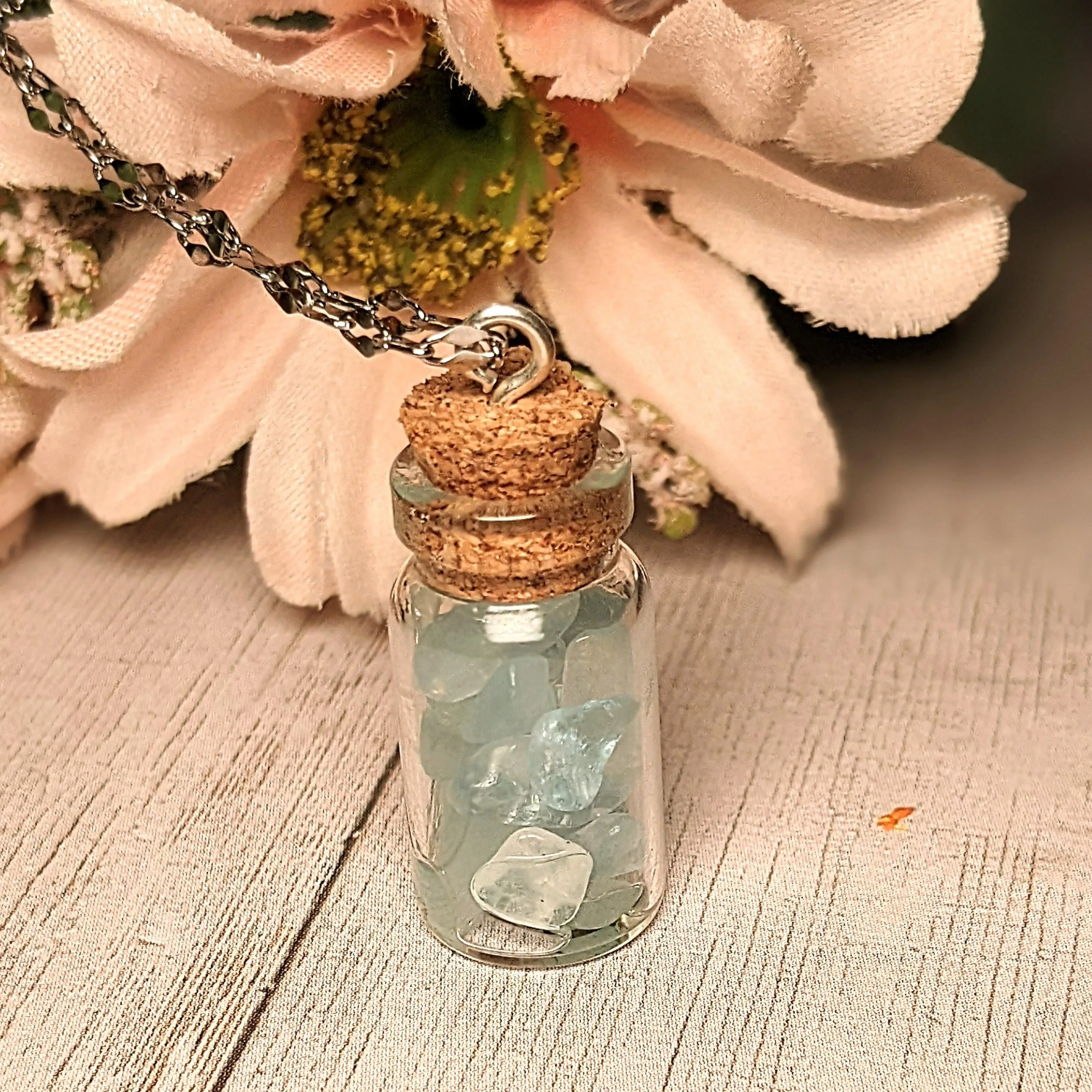 Aquamarine Gemstone Pisces Bottle Necklace, 20 or 24 inch, Silver/Gold