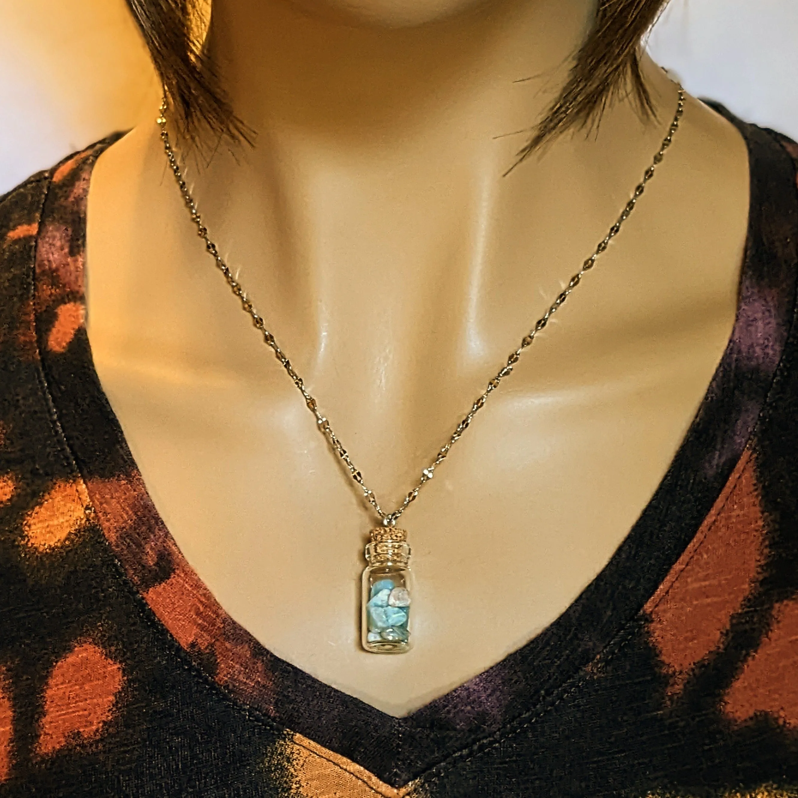 Aquamarine Gemstone Pisces Bottle Necklace, 20 or 24 inch, Silver/Gold