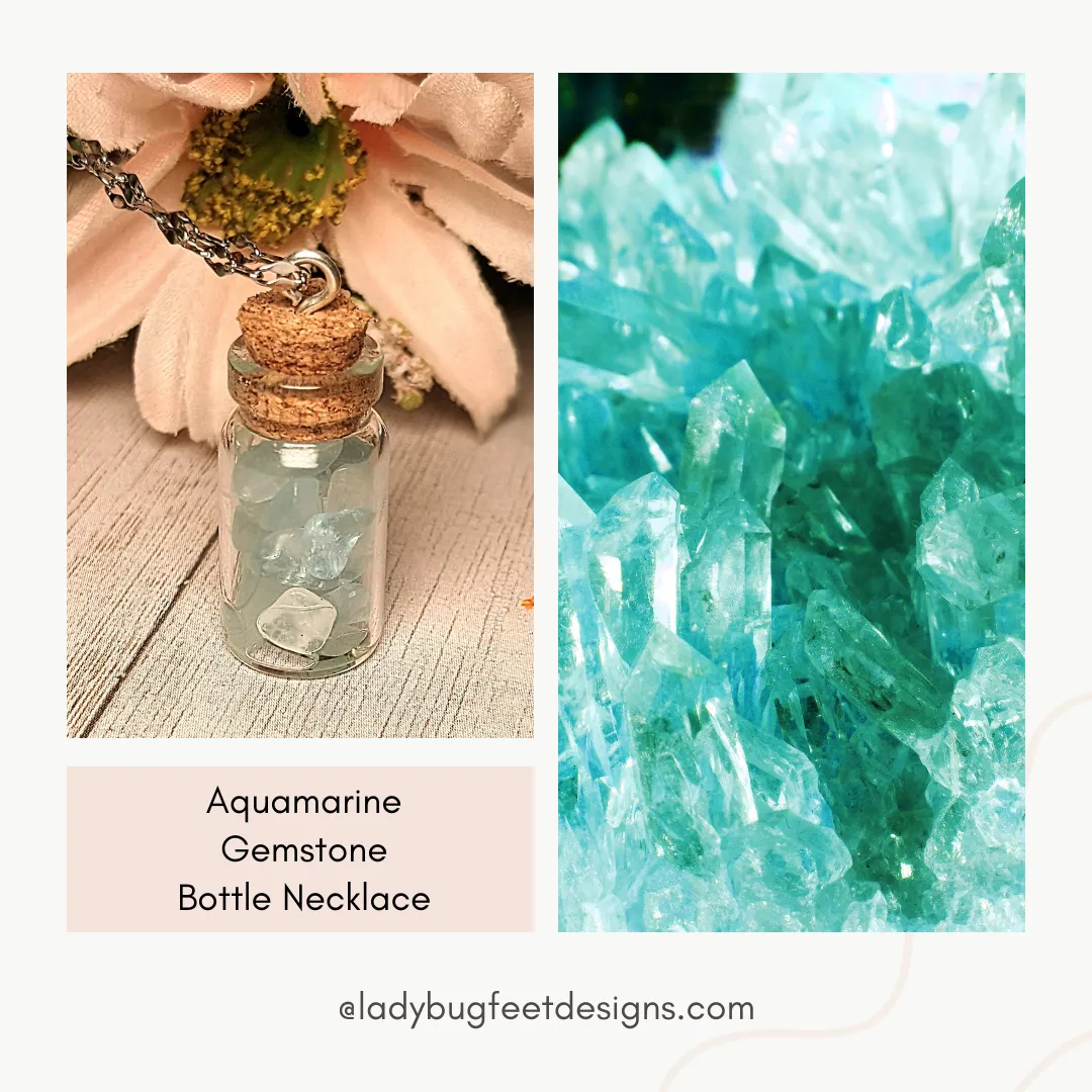 Aquamarine Gemstone Pisces Bottle Necklace, 20 or 24 inch, Silver/Gold