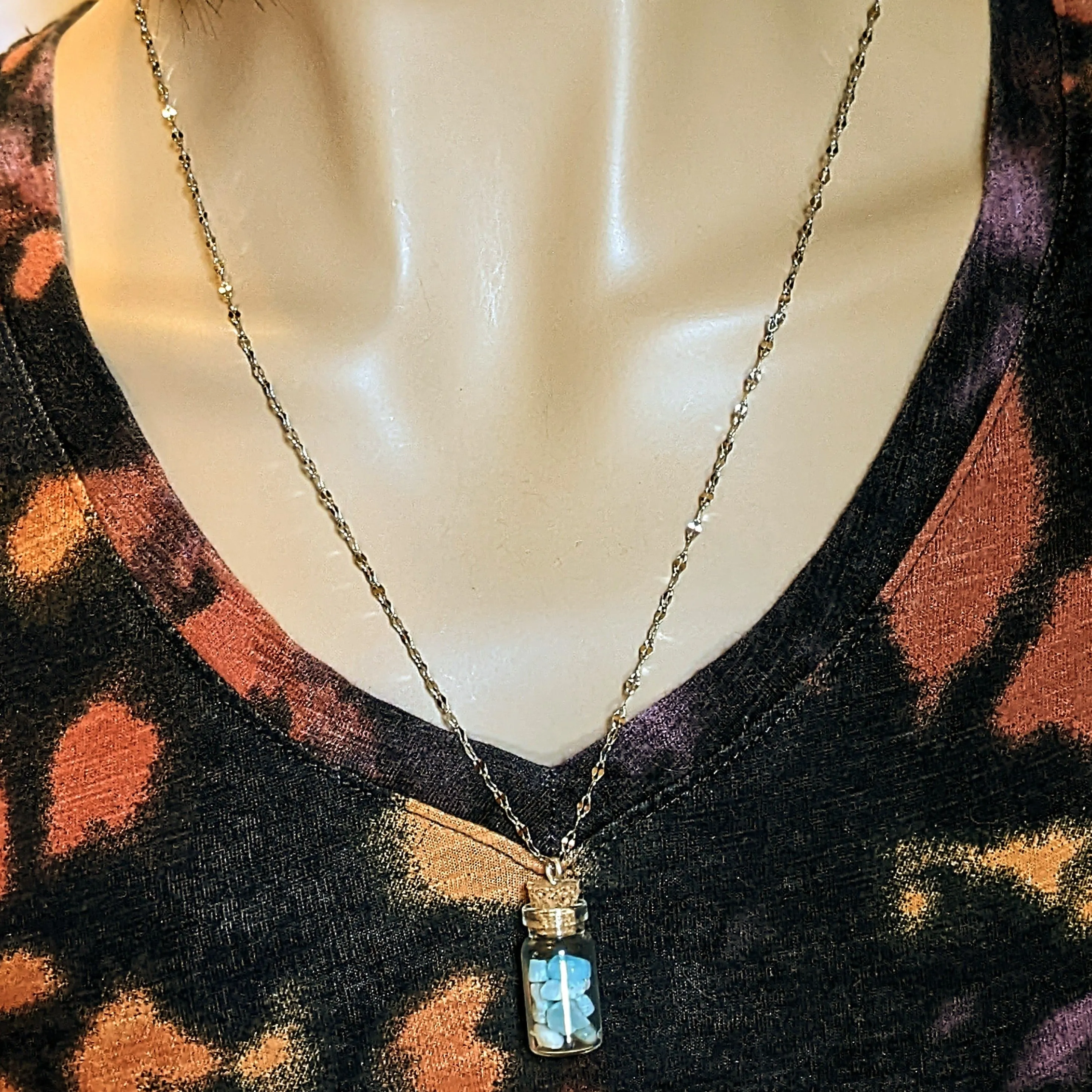 Aquamarine Gemstone Pisces Bottle Necklace, 20 or 24 inch, Silver/Gold