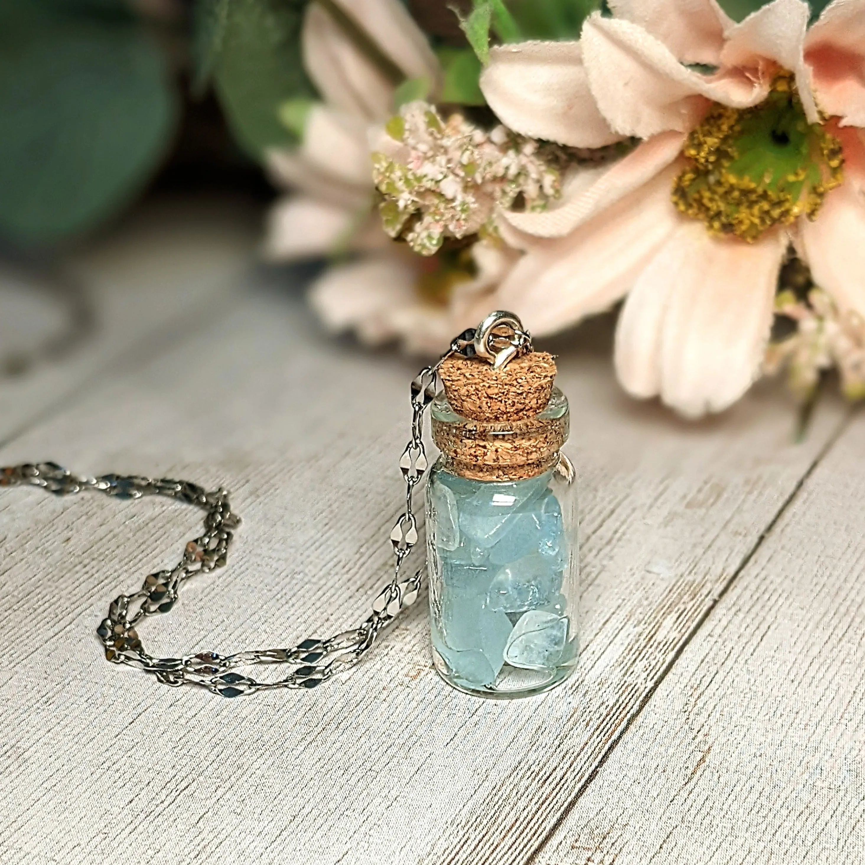 Aquamarine Gemstone Pisces Bottle Necklace, 20 or 24 inch, Silver/Gold