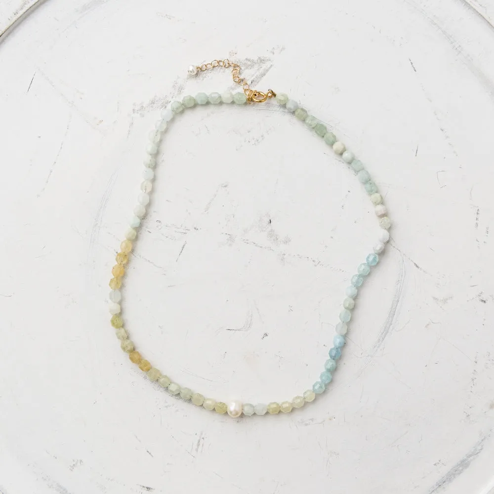 Aquamarine Hex Strand Necklace with Pearl