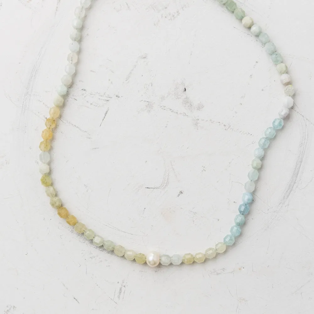 Aquamarine Hex Strand Necklace with Pearl