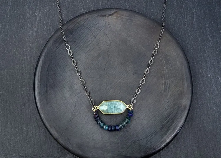 Aquamarine Hexagon Pendant with Opal and Moss Kyanite Beaded Arch Necklace