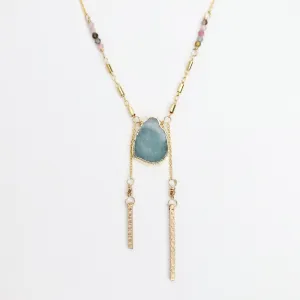 Aquamarine Slice Necklace with Tourmaline & Bar Charms