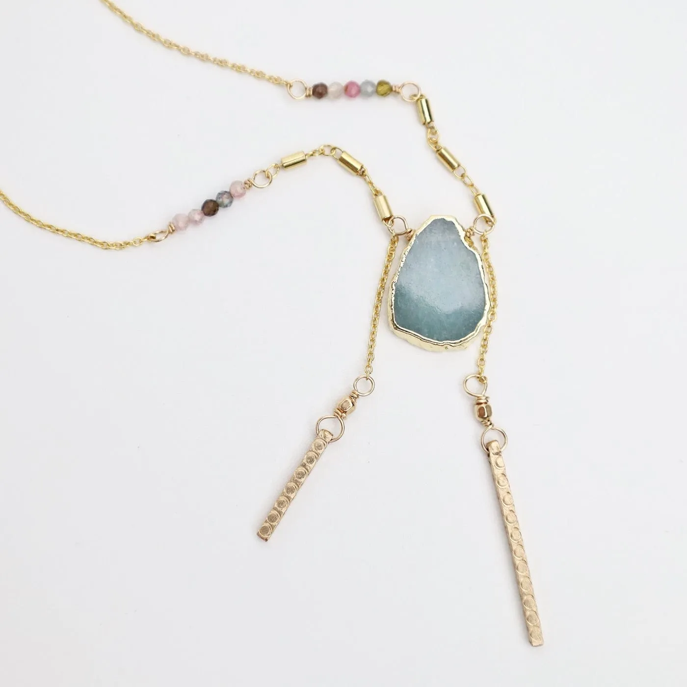 Aquamarine Slice Necklace with Tourmaline & Bar Charms