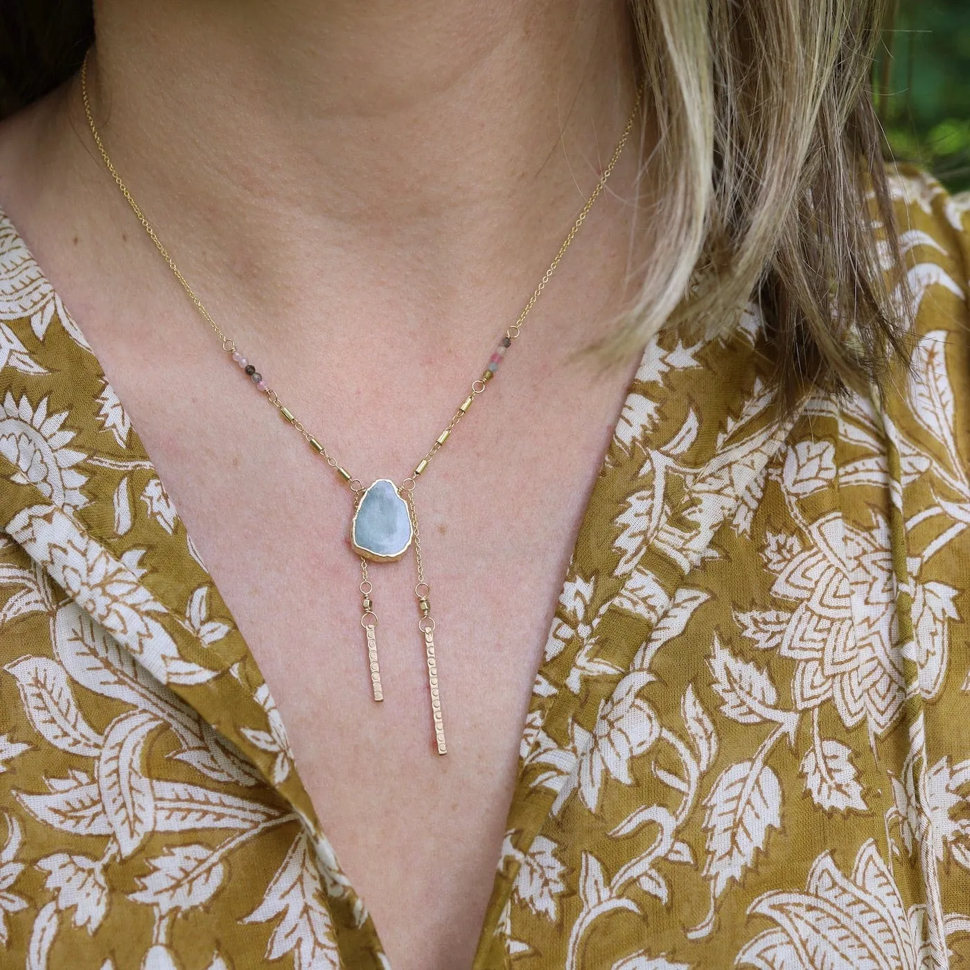 Aquamarine Slice Necklace with Tourmaline & Bar Charms