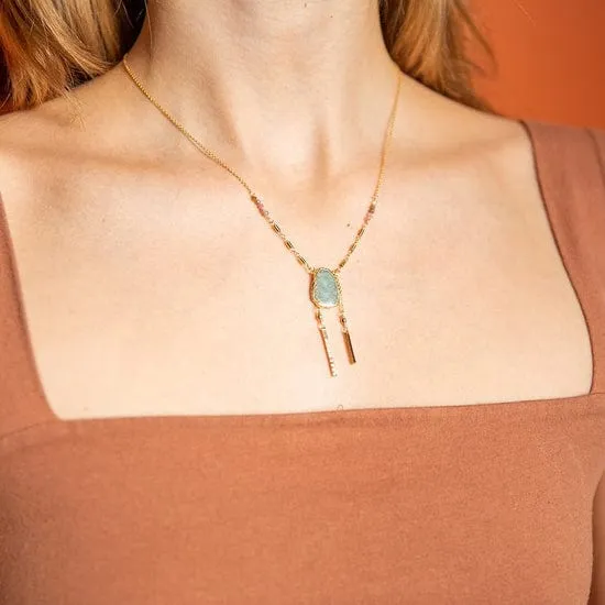 Aquamarine Slice Necklace with Tourmaline & Bar Charms
