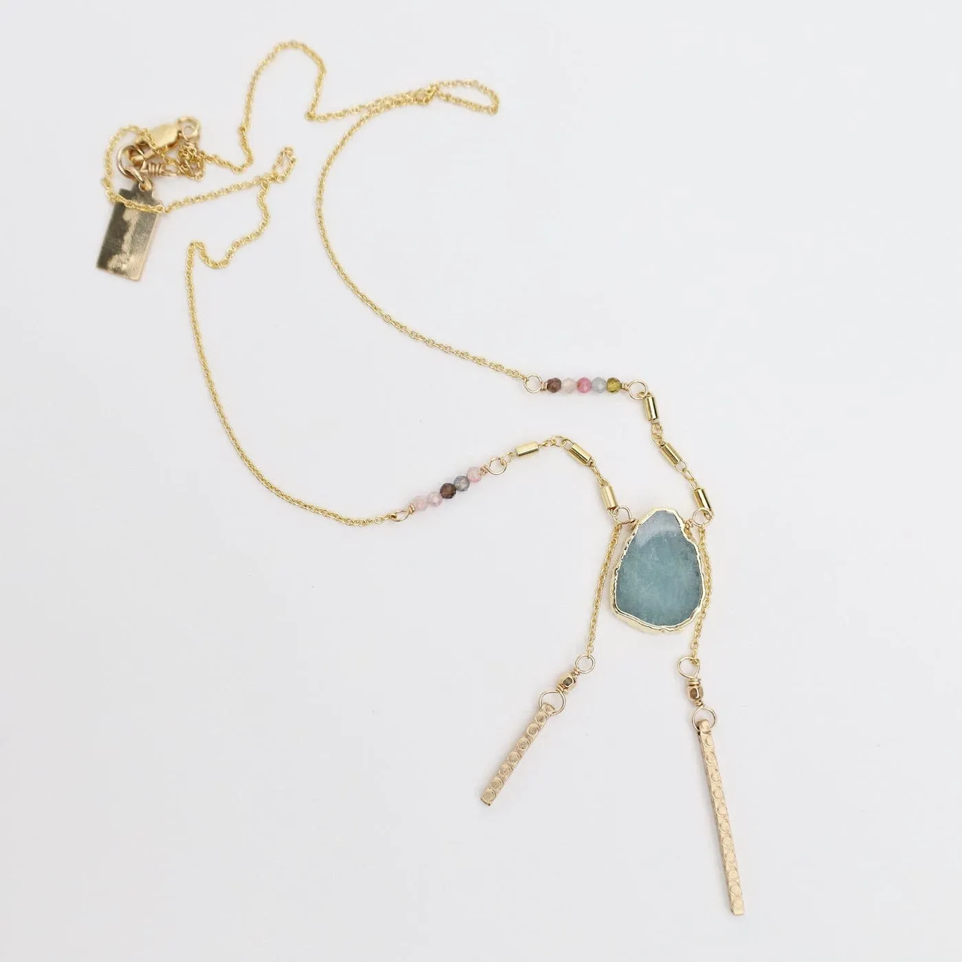 Aquamarine Slice Necklace with Tourmaline & Bar Charms