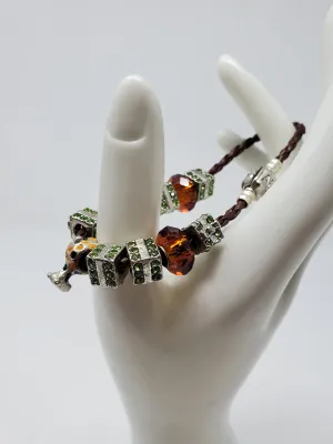 AURORA Brown & Green Braided Leather Dice Charm Bracelet