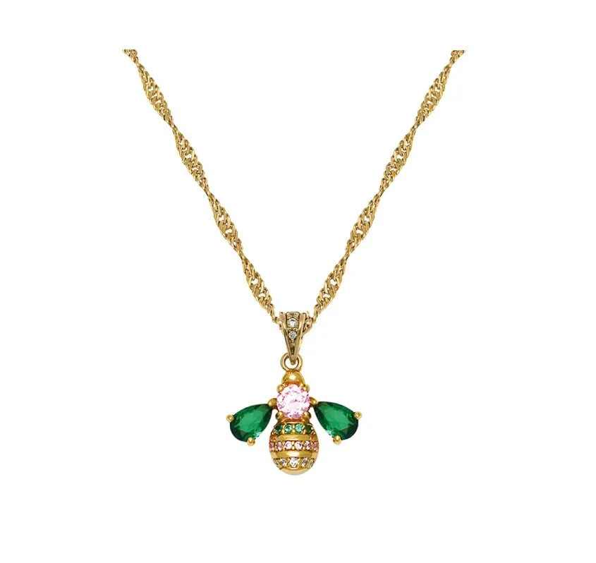 Beatrice Jewelled Bee Necklace Blush Pink, Emerald Green and Gold