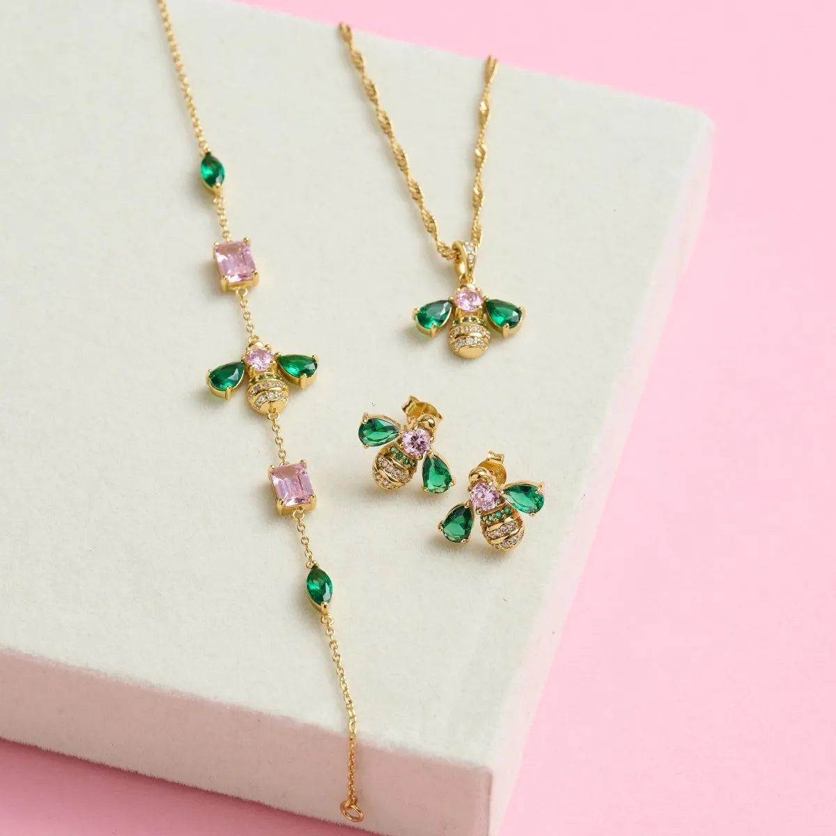 Beatrice Jewelled Bee Necklace Blush Pink, Emerald Green and Gold