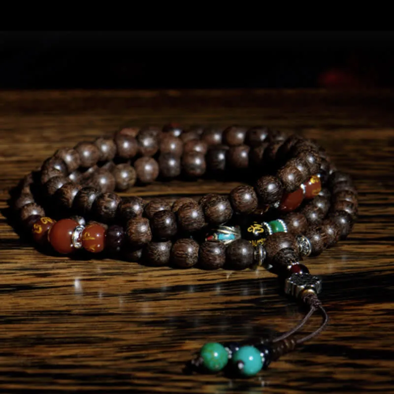 Buddha Stones 108 Mala Beads Vietnam Hoi An Agarwood Red Agate Peace Strength Bracelet