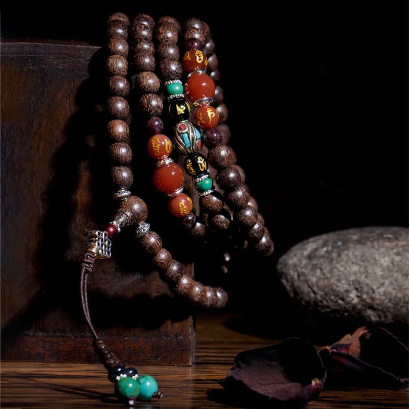 Buddha Stones 108 Mala Beads Vietnam Hoi An Agarwood Red Agate Peace Strength Bracelet