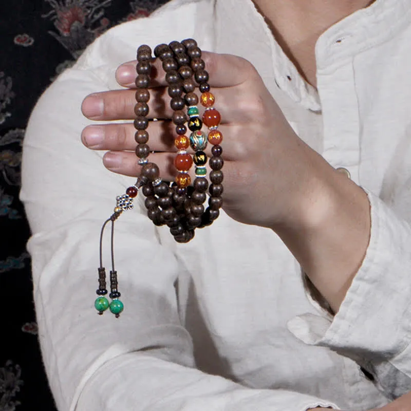 Buddha Stones 108 Mala Beads Vietnam Hoi An Agarwood Red Agate Peace Strength Bracelet