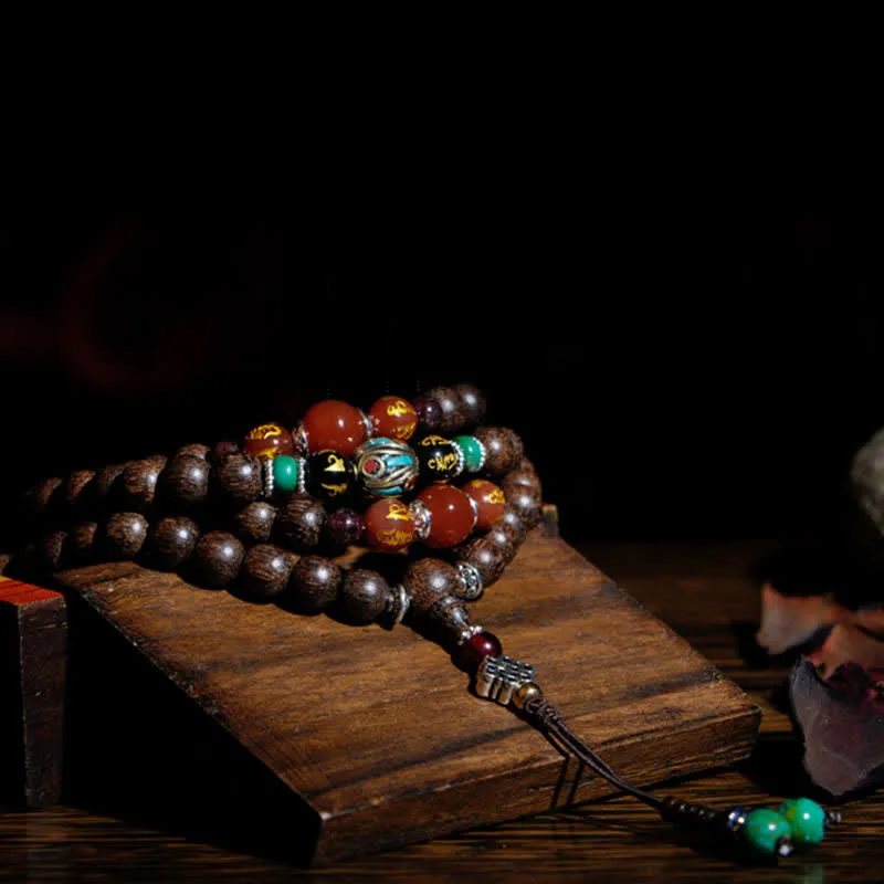 Buddha Stones 108 Mala Beads Vietnam Hoi An Agarwood Red Agate Peace Strength Bracelet