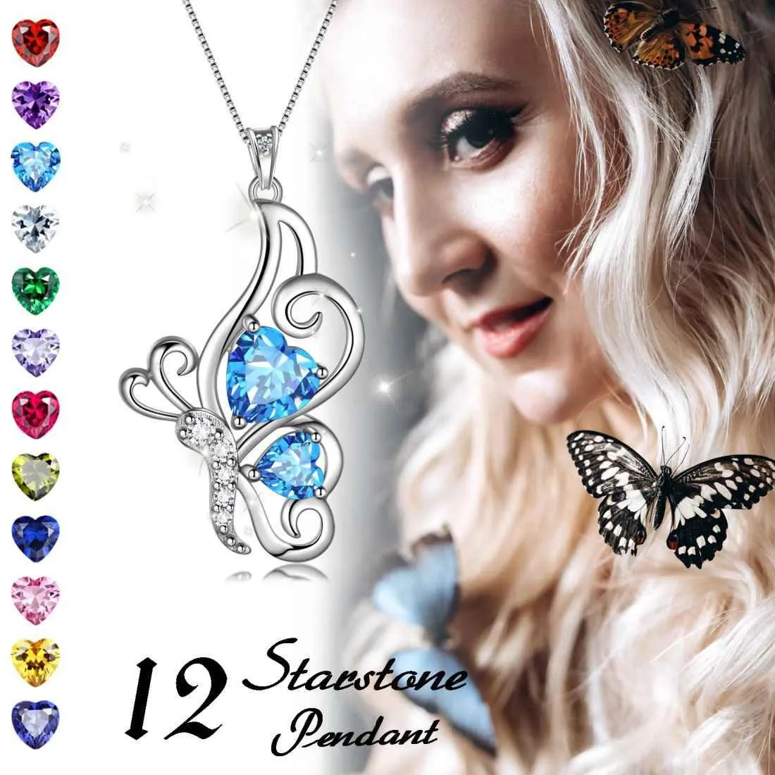 Butterfly Birthstone March Aquamarine Necklace Women Girls Jewelry Birthday Gift Sterling Silver