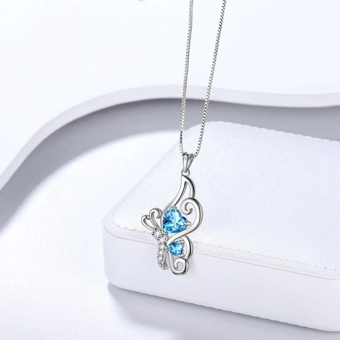 Butterfly Birthstone March Aquamarine Necklace Women Girls Jewelry Birthday Gift Sterling Silver