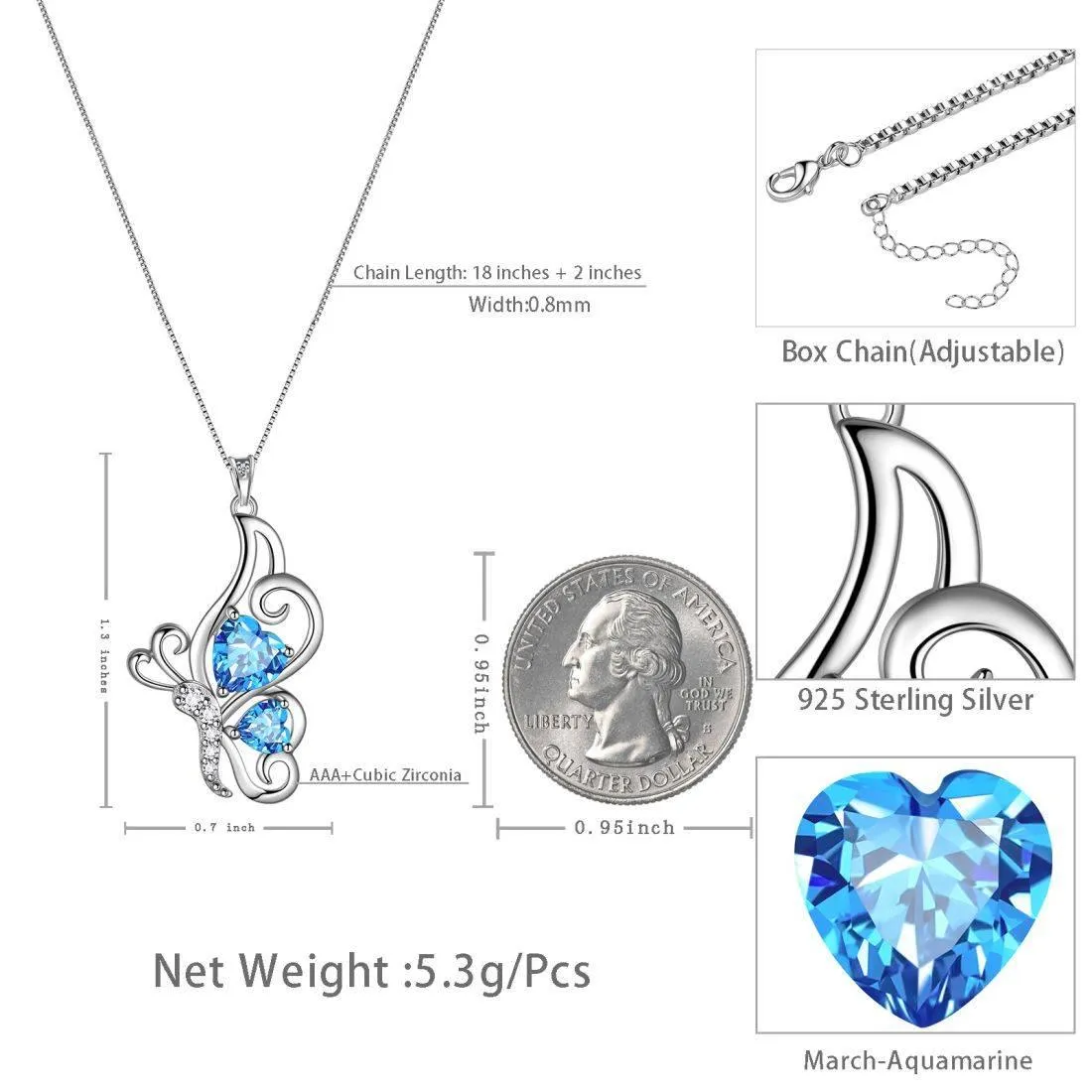 Butterfly Birthstone March Aquamarine Necklace Women Girls Jewelry Birthday Gift Sterling Silver