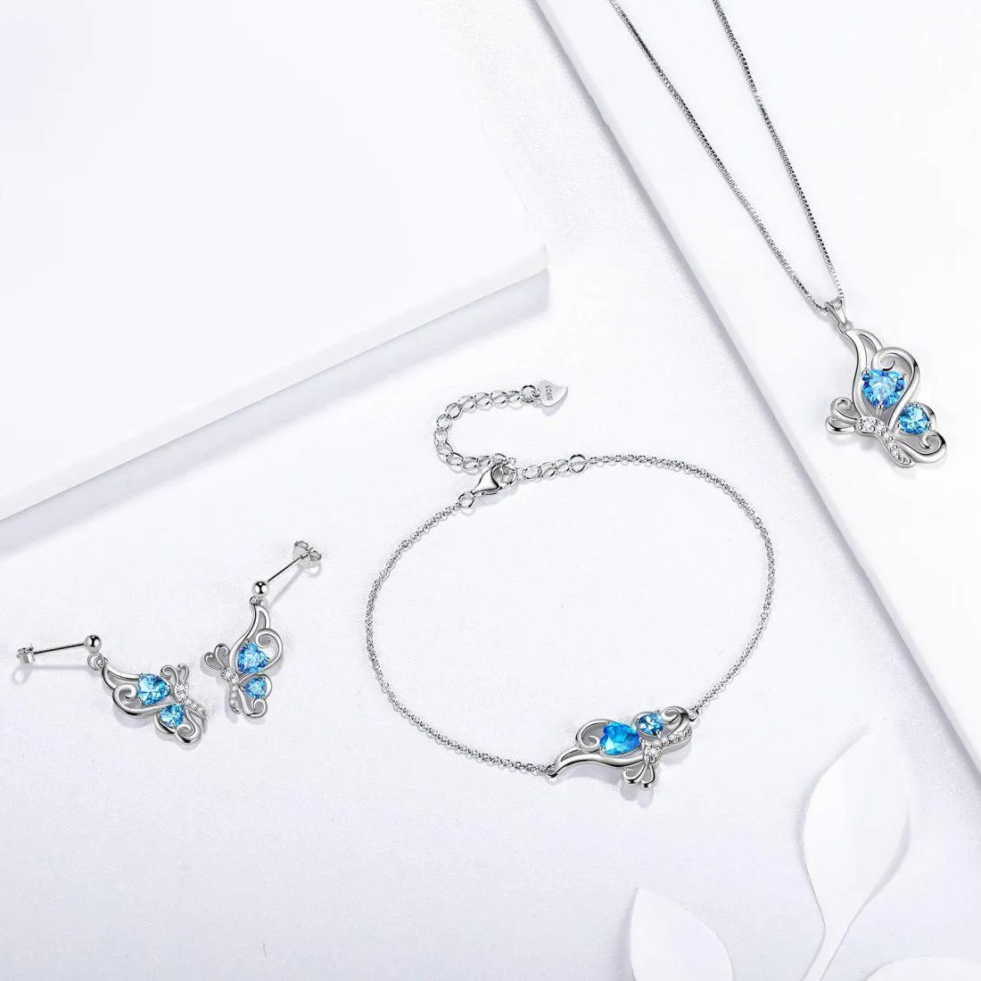 Butterfly Birthstone March Aquamarine Necklace Women Girls Jewelry Birthday Gift Sterling Silver