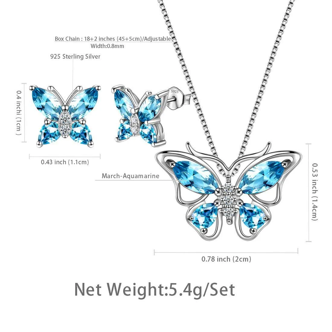 Butterfly Jewelry Set Birthstone March Aquamarine Women Girls Birthday Gift