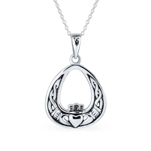 Celtic Friendship Heart Claddagh Necklace Pendant CZ .925 Silver