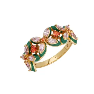 Clover Emerald Enamel, Blush, Orange CZ and Gold Ring