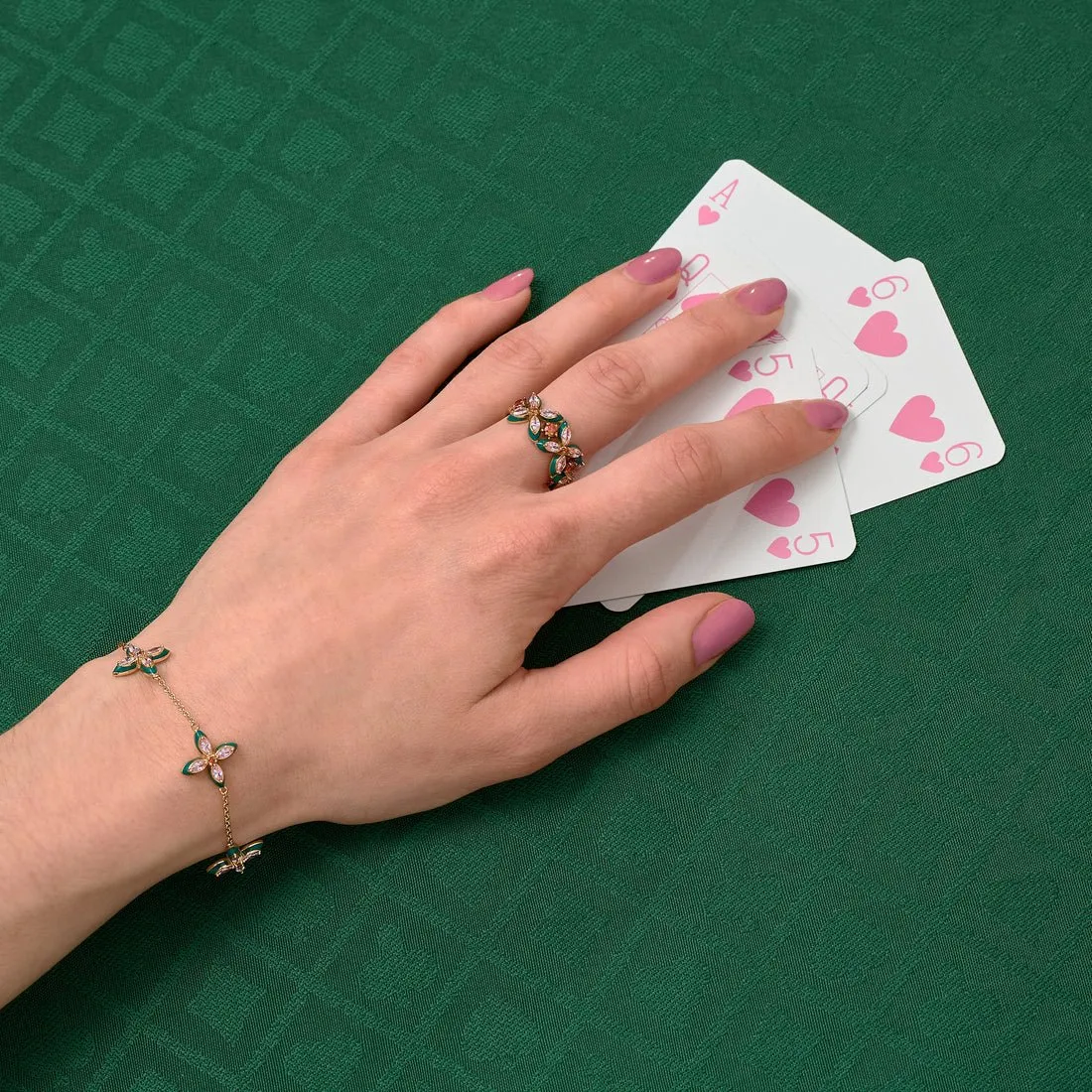 Clover Emerald Enamel, Blush, Orange CZ and Gold Ring