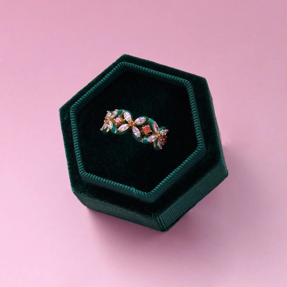 Clover Emerald Enamel, Blush, Orange CZ and Gold Ring