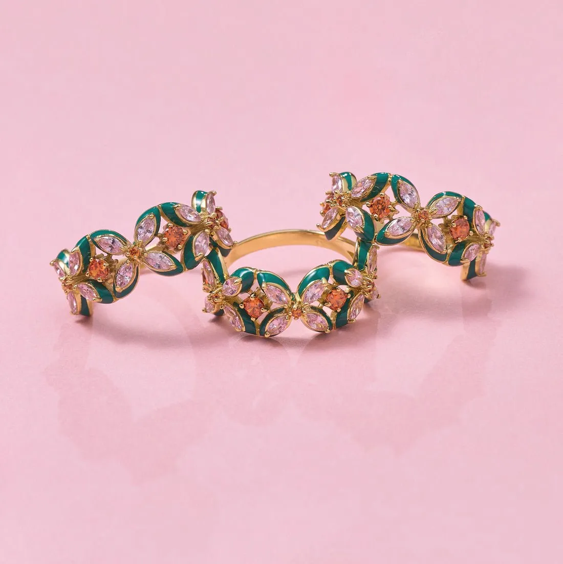 Clover Emerald Enamel, Blush, Orange CZ and Gold Ring
