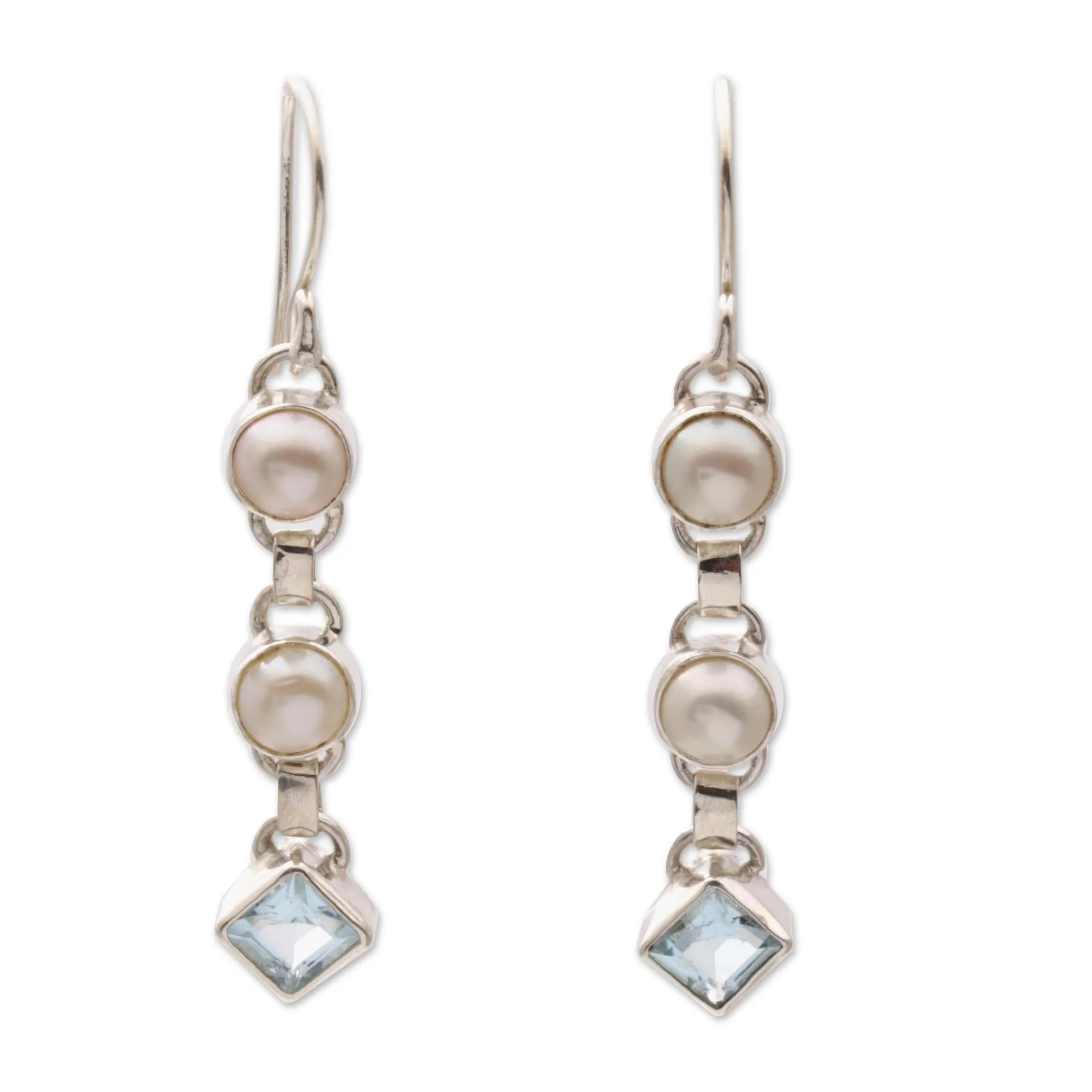 Cultured pearl and blue topaz dangle earrings - Silver Trail | NOVICA