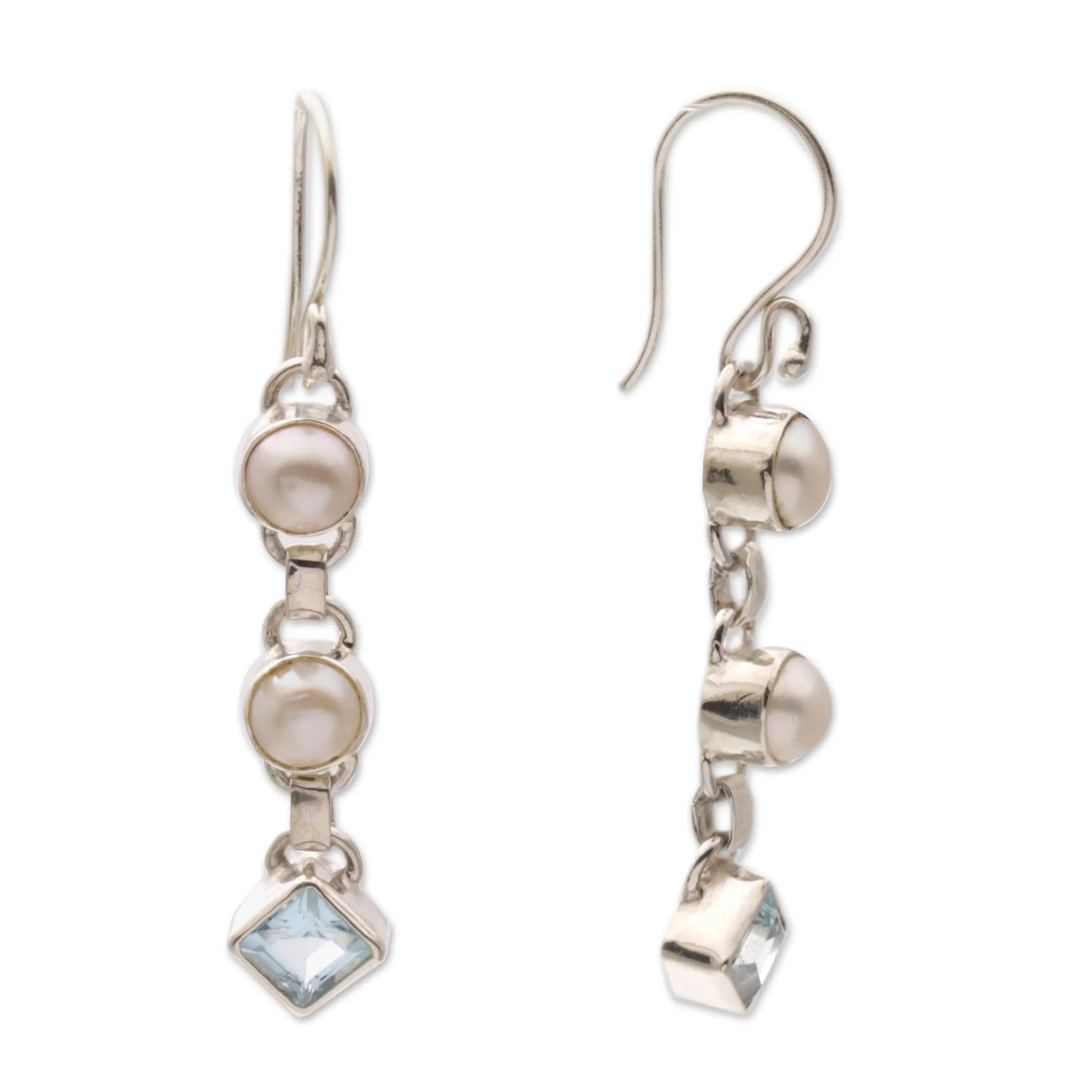 Cultured pearl and blue topaz dangle earrings - Silver Trail | NOVICA