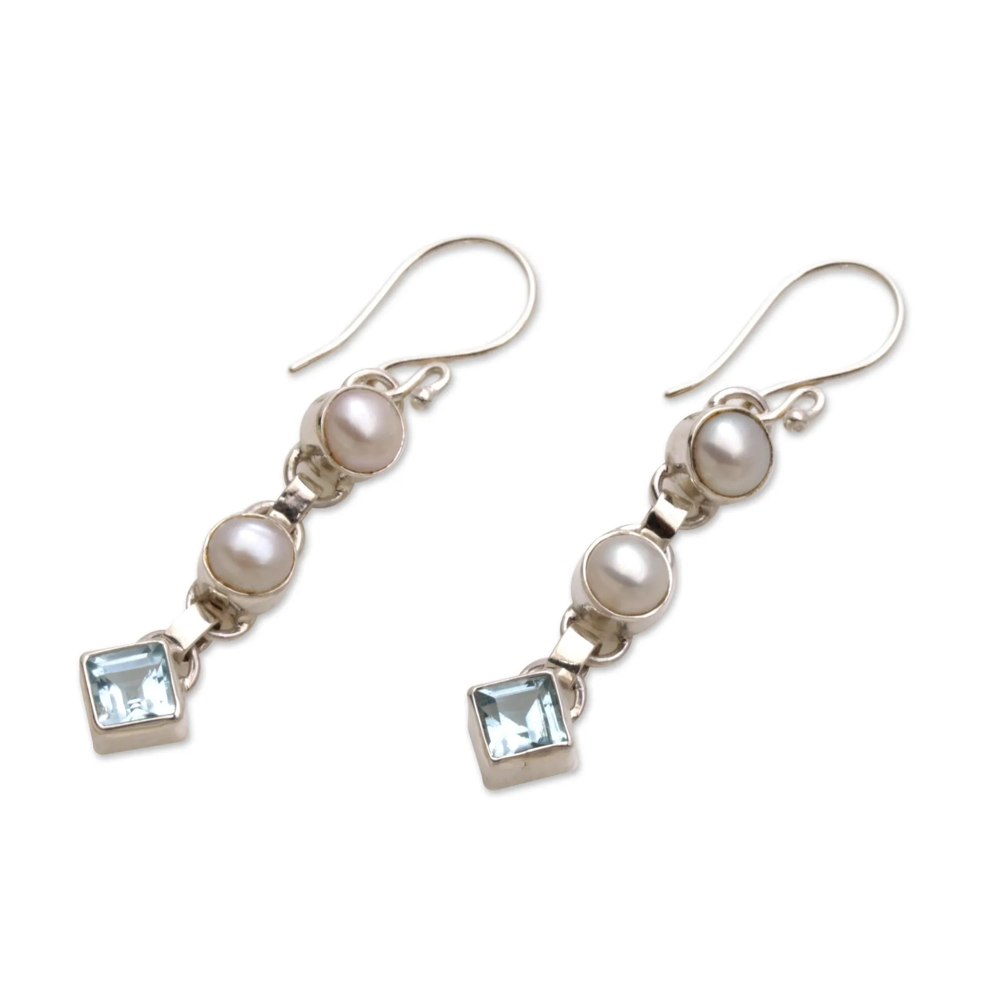 Cultured pearl and blue topaz dangle earrings - Silver Trail | NOVICA