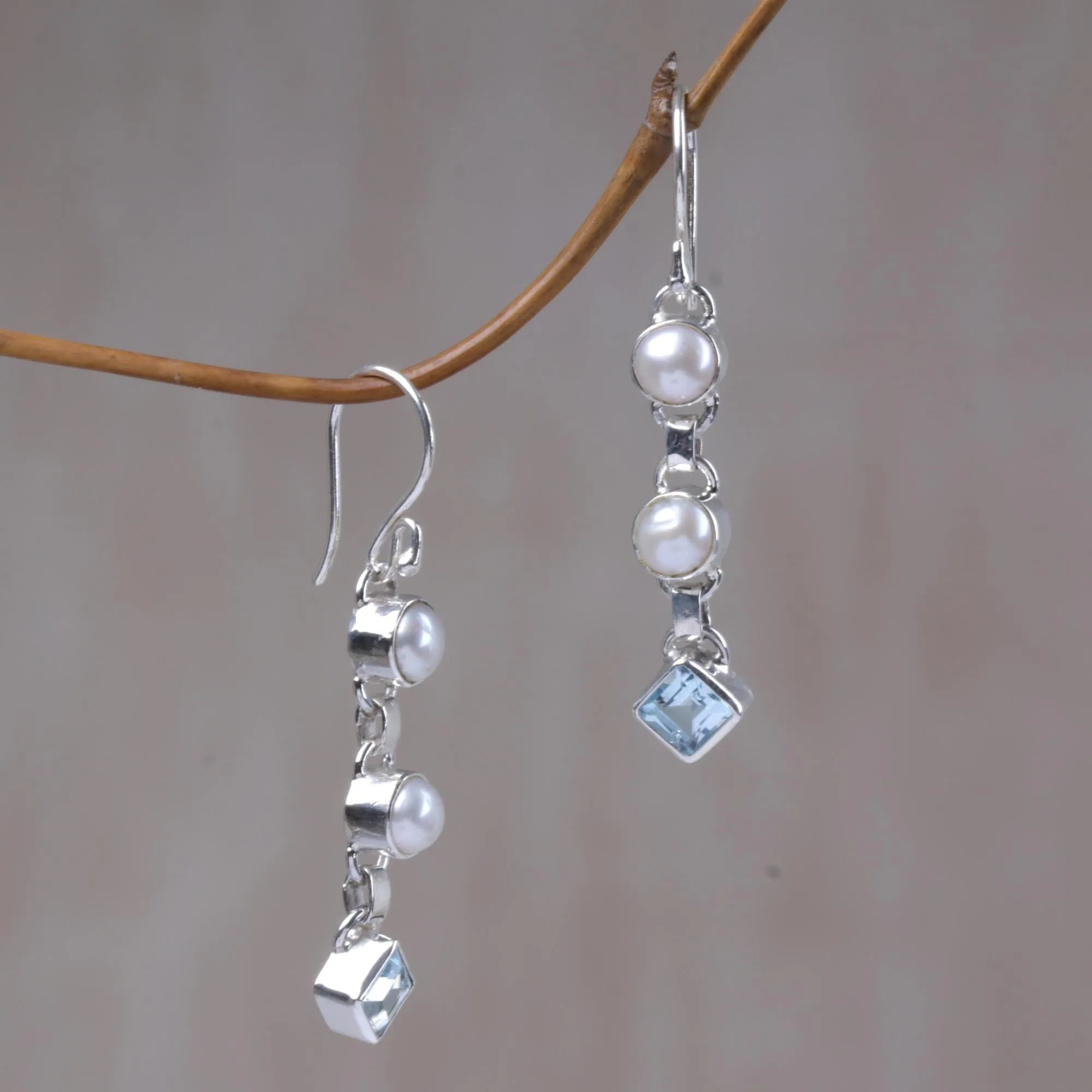 Cultured pearl and blue topaz dangle earrings - Silver Trail | NOVICA