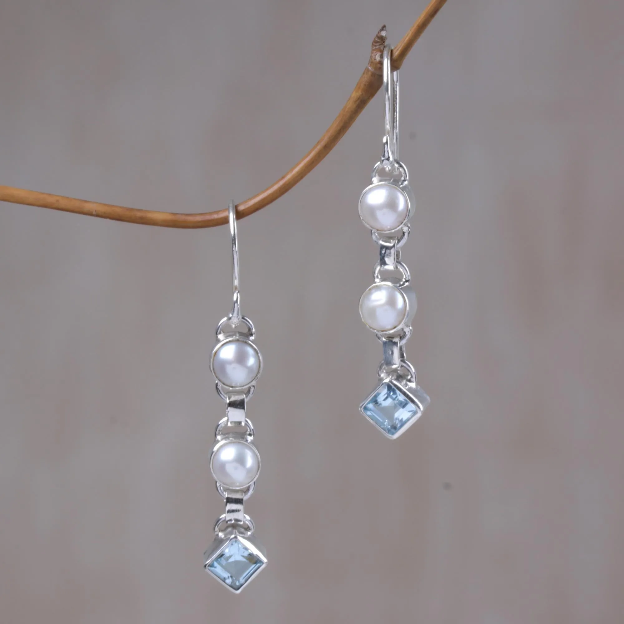 Cultured pearl and blue topaz dangle earrings - Silver Trail | NOVICA