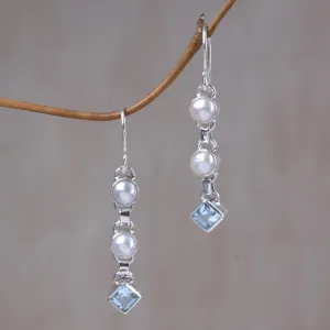 Cultured pearl and blue topaz dangle earrings - Silver Trail | NOVICA