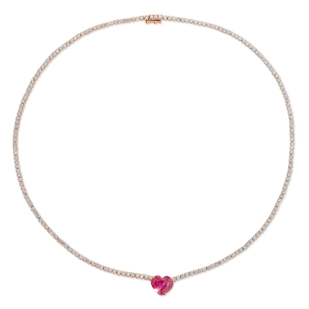 DIAMOND HEPBURN NECKLACE WITH HEART SHAPED PINK SAPPHIRE CENTER