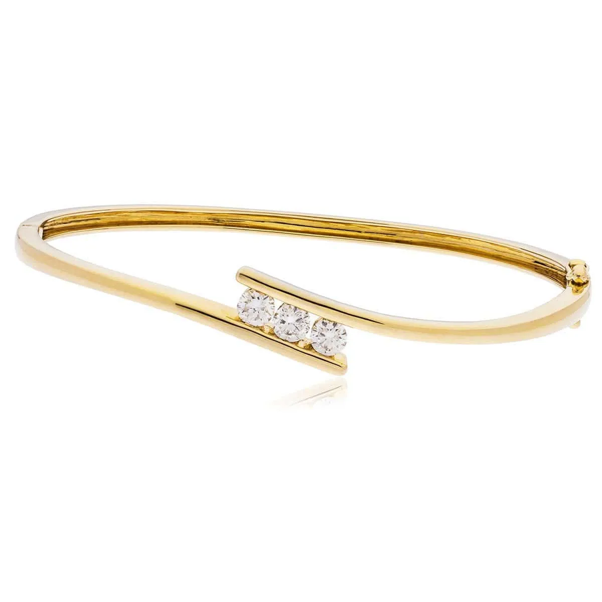DIAMOND THREE STONE CROSS OVER BANGLE IN 9K YELLOW GOLD