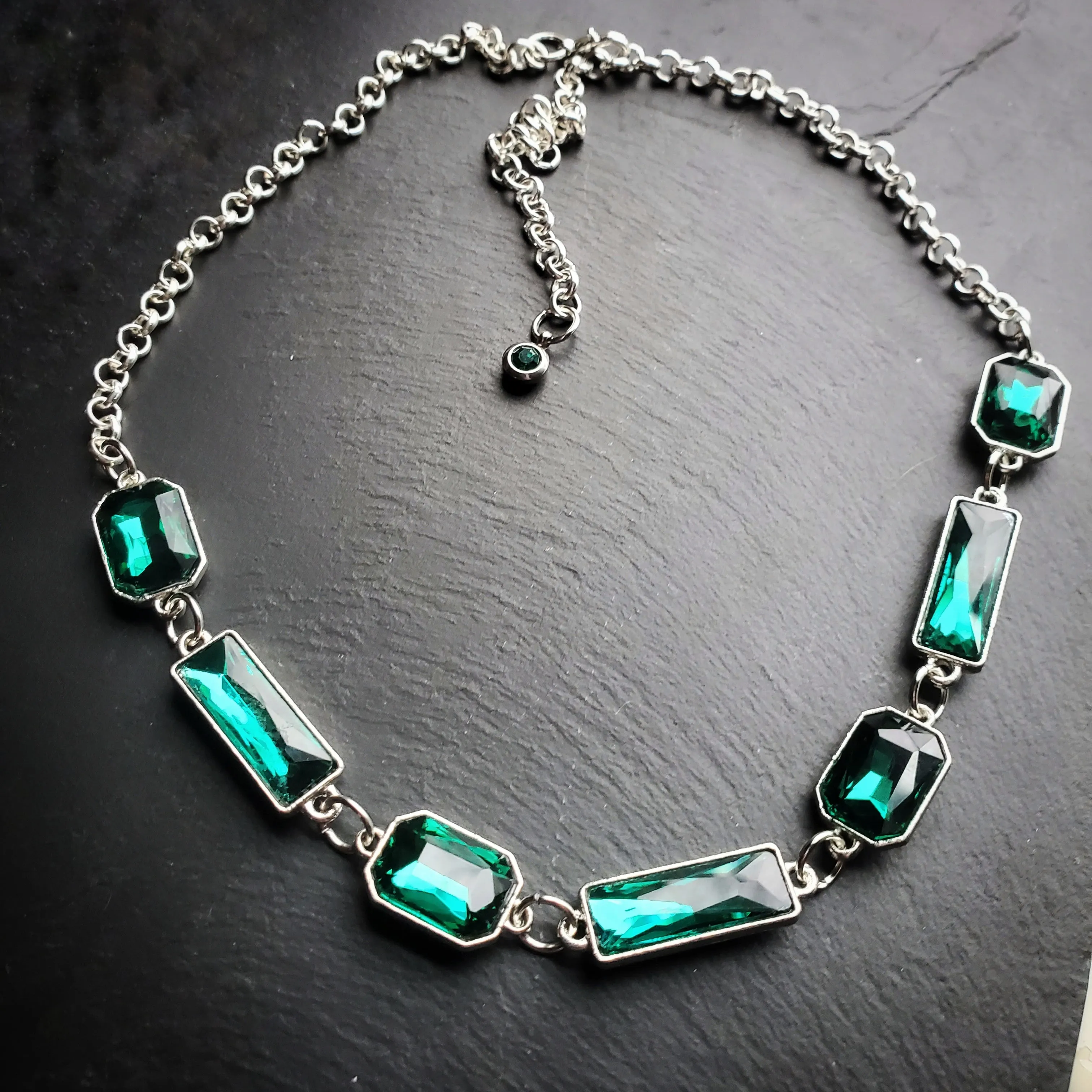 Emerald Cut Rhinestone Necklace in Green or Blue