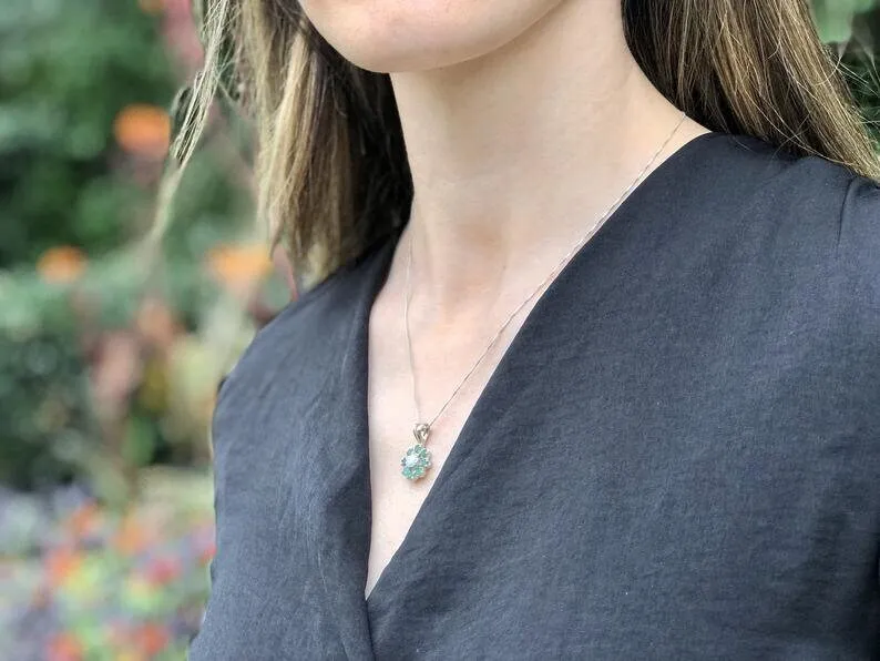 Emerald Flower Necklace - Real Emerald Necklace - Dainty Flower Pendant