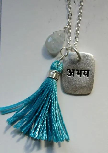 Fearlessness Sanskrit Affirmation Pendant Necklace with Semi-Precious Drop and Tassel