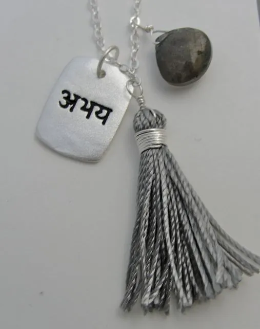 Fearlessness Sanskrit Affirmation Pendant Necklace with Semi-Precious Drop and Tassel