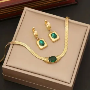 Golden Emerald Zircon Pendant Necklace & Earrings
