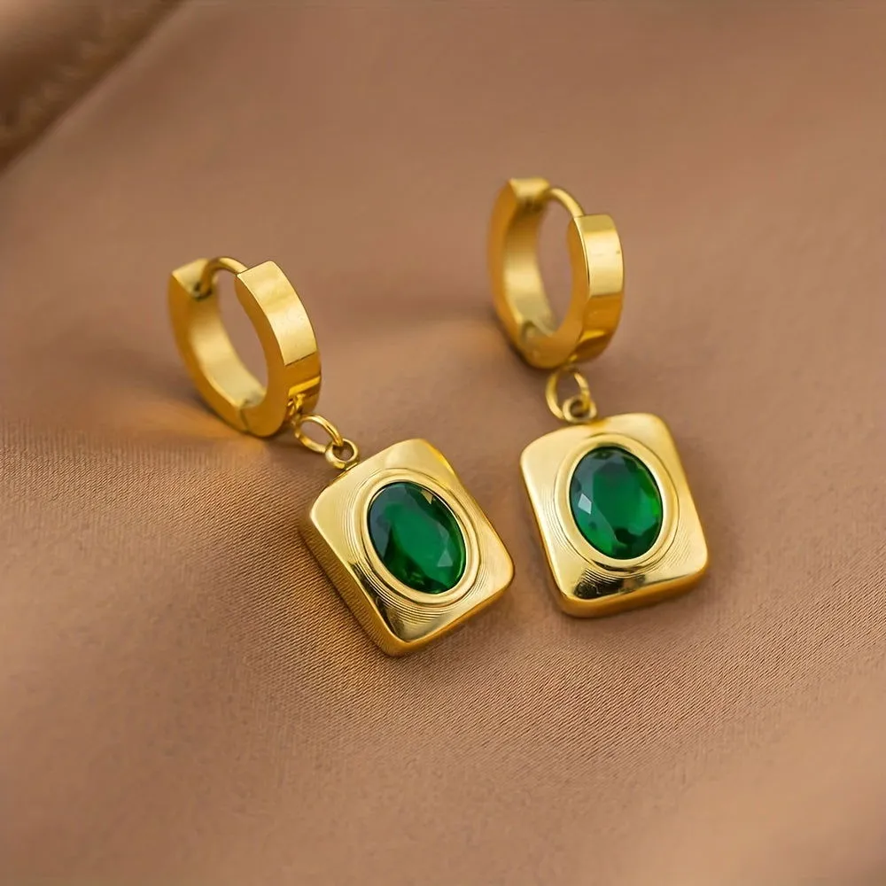 Golden Emerald Zircon Pendant Necklace & Earrings
