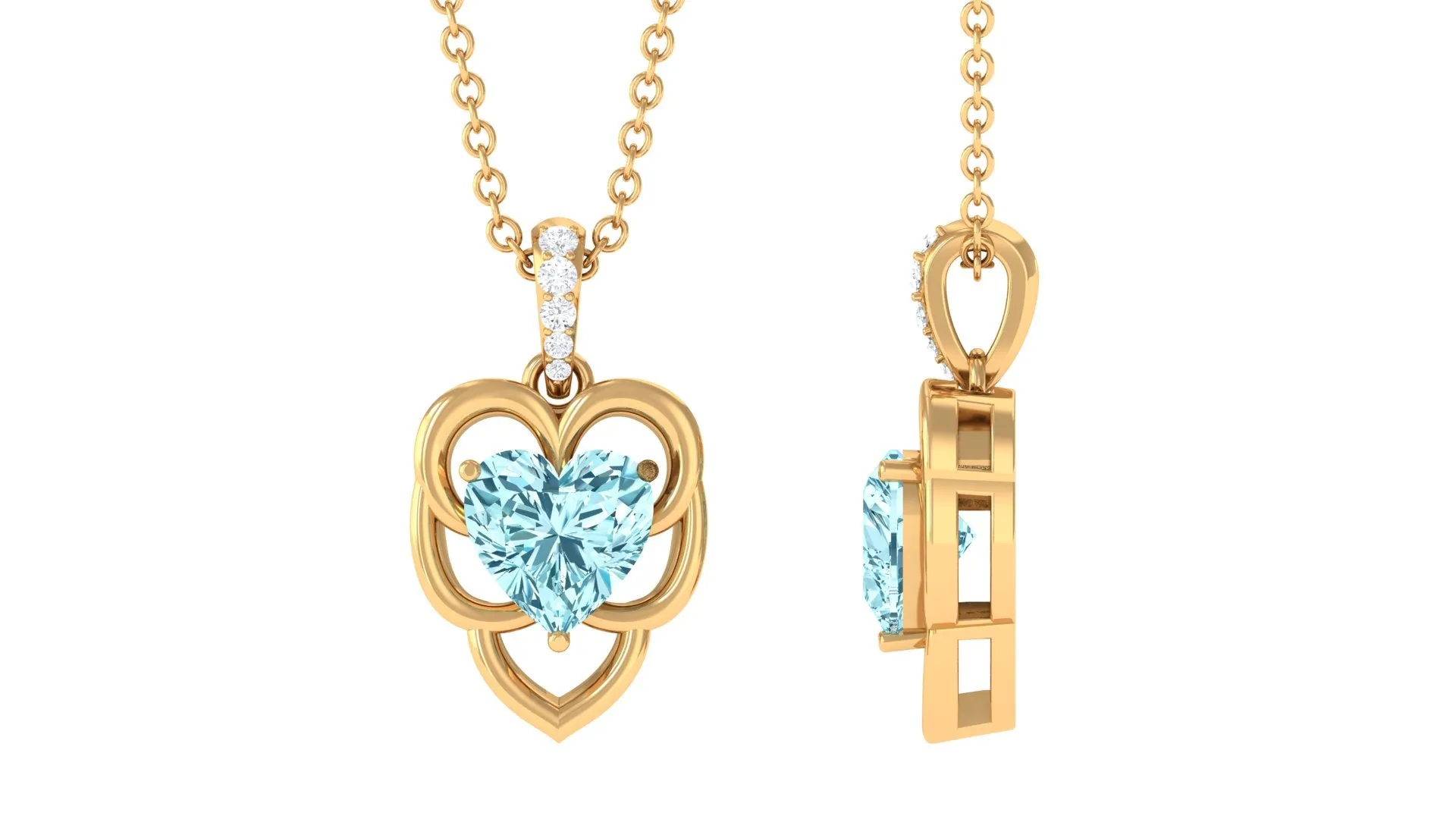 Heart Shape Aquamarine Leaf Pendant with Diamond Accent Bail
