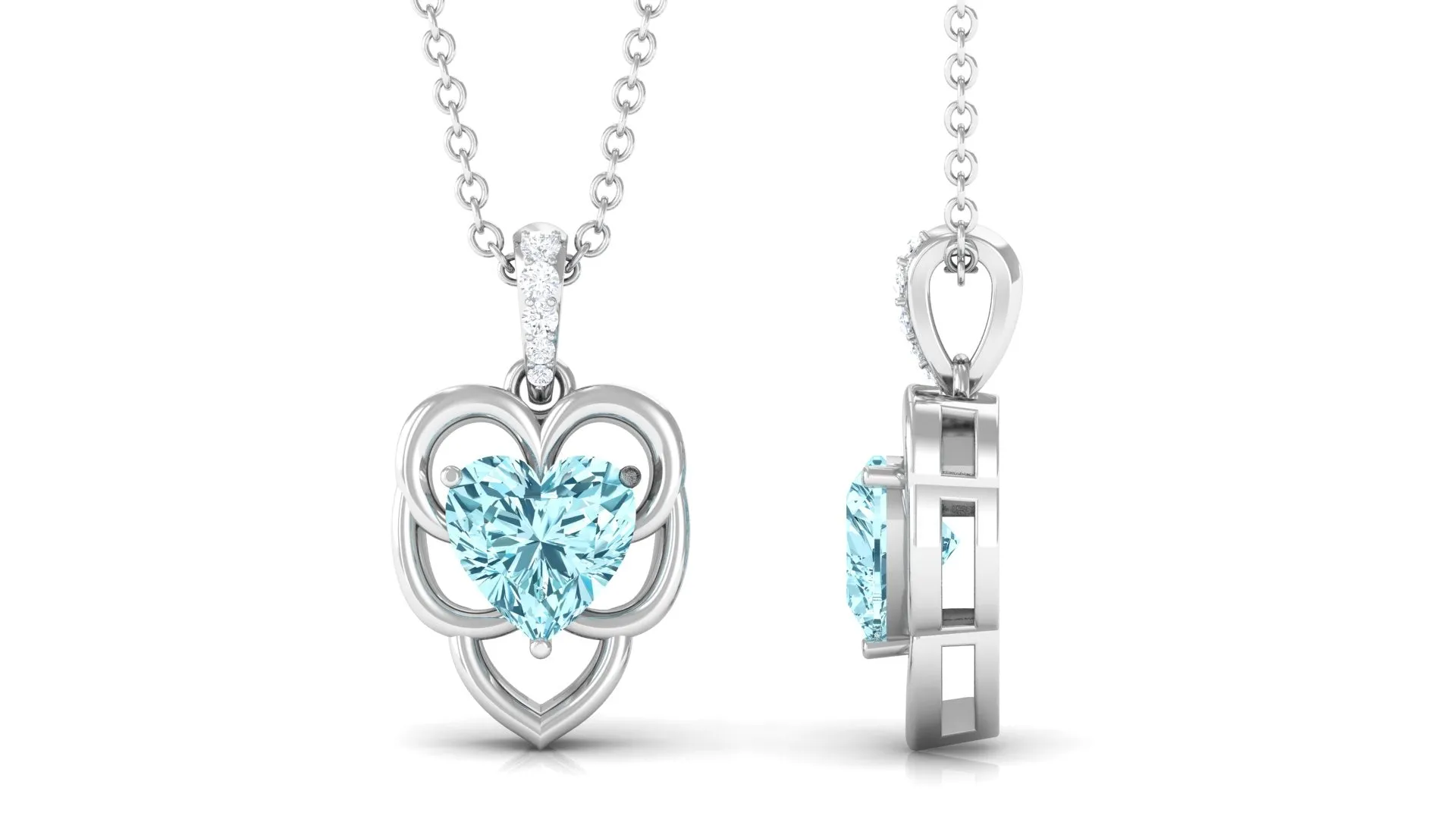 Heart Shape Aquamarine Leaf Pendant with Diamond Accent Bail