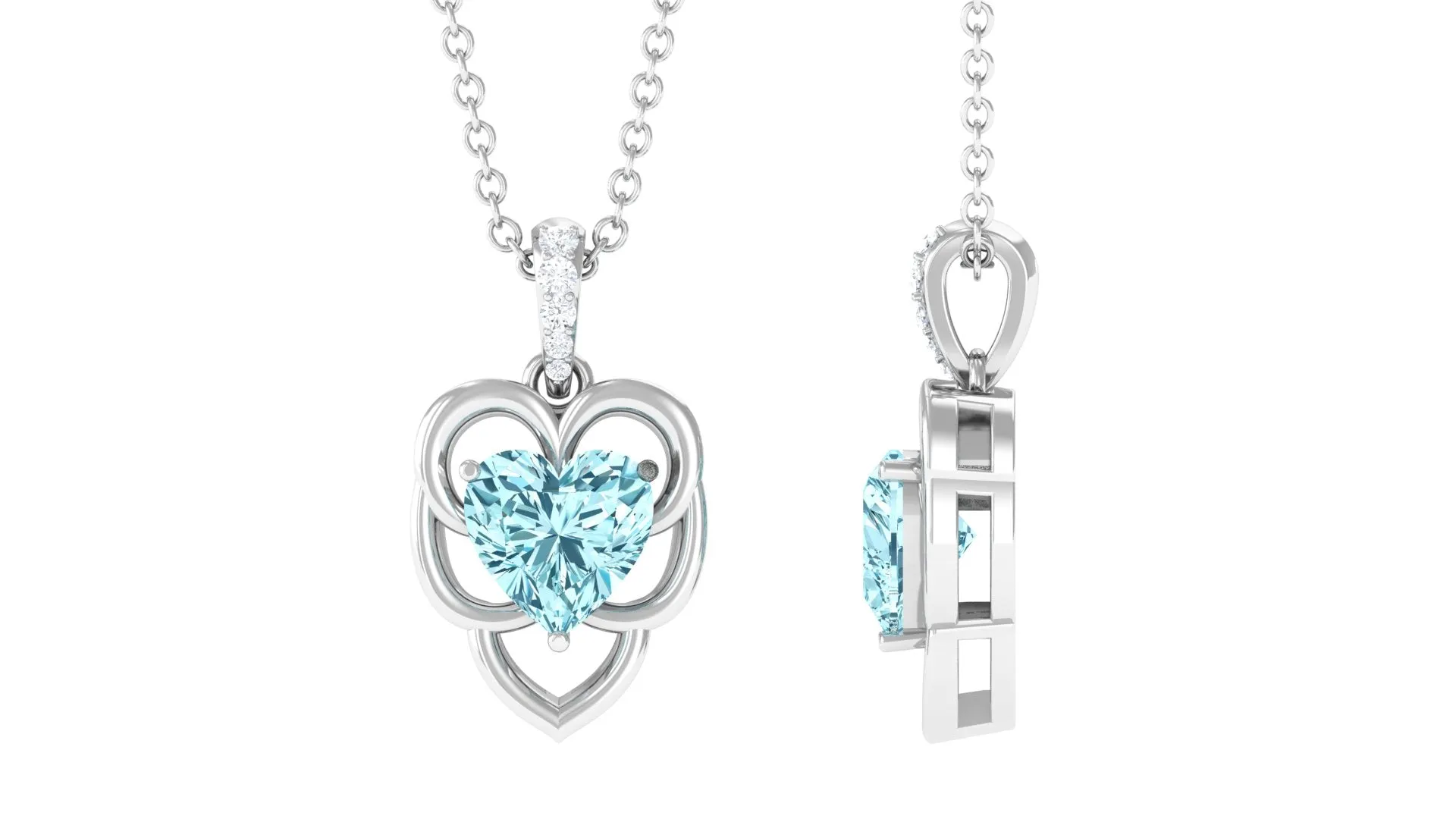 Heart Shape Aquamarine Leaf Pendant with Diamond Accent Bail