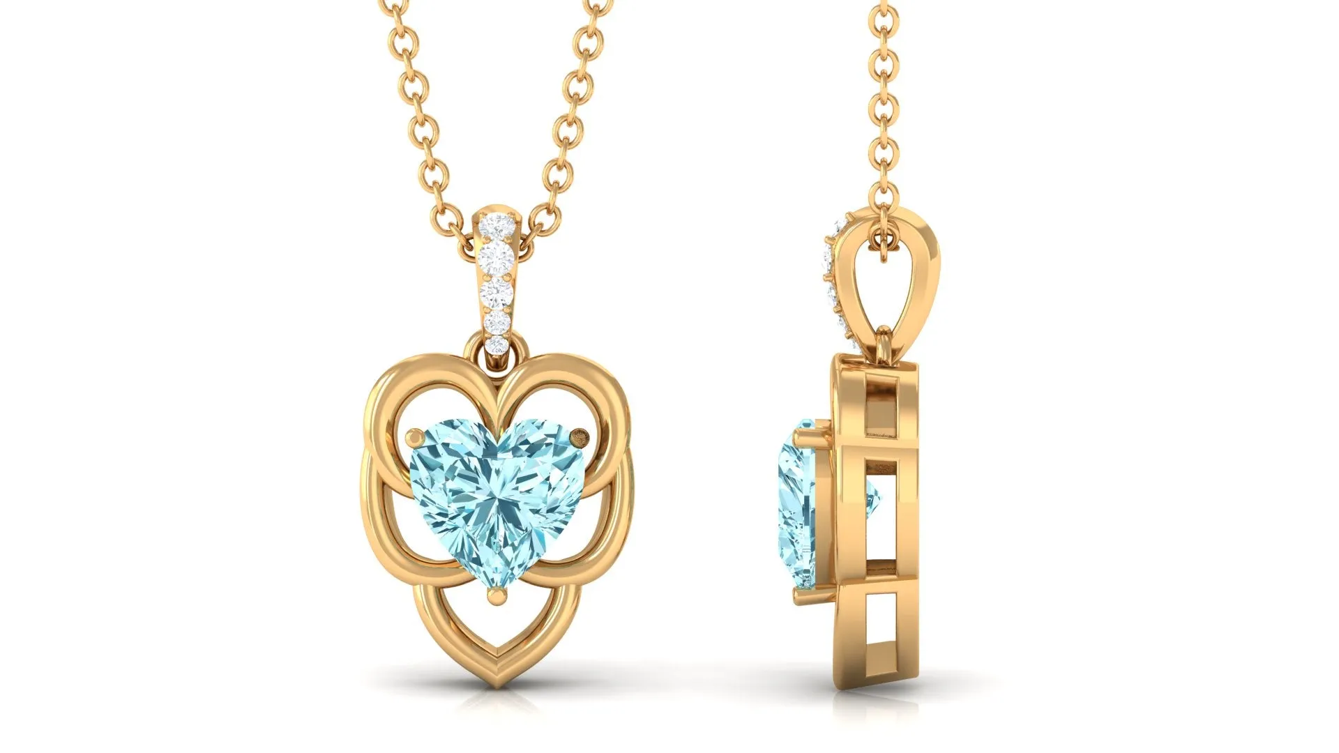 Heart Shape Aquamarine Leaf Pendant with Diamond Accent Bail